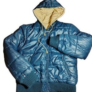 Vintage Sears Jr Bazaar Reversible Puffer Jacket Blue Cream Hooded Small 70s ski